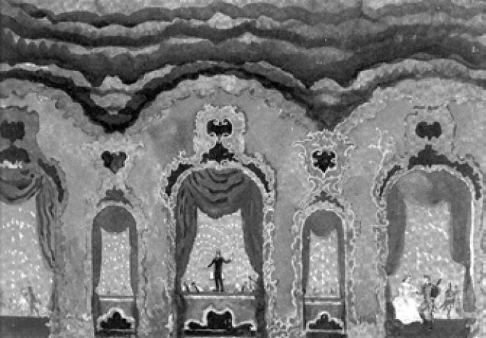 Неоклассицизм. А. Н. Бенуа. Эскиз декорации к балету «Вальс» М. Равеля. 1928 Неоклассицизм. А. Н. Бенуа. Эскиз декорации к балету «Вальс» М. Равеля. 1928